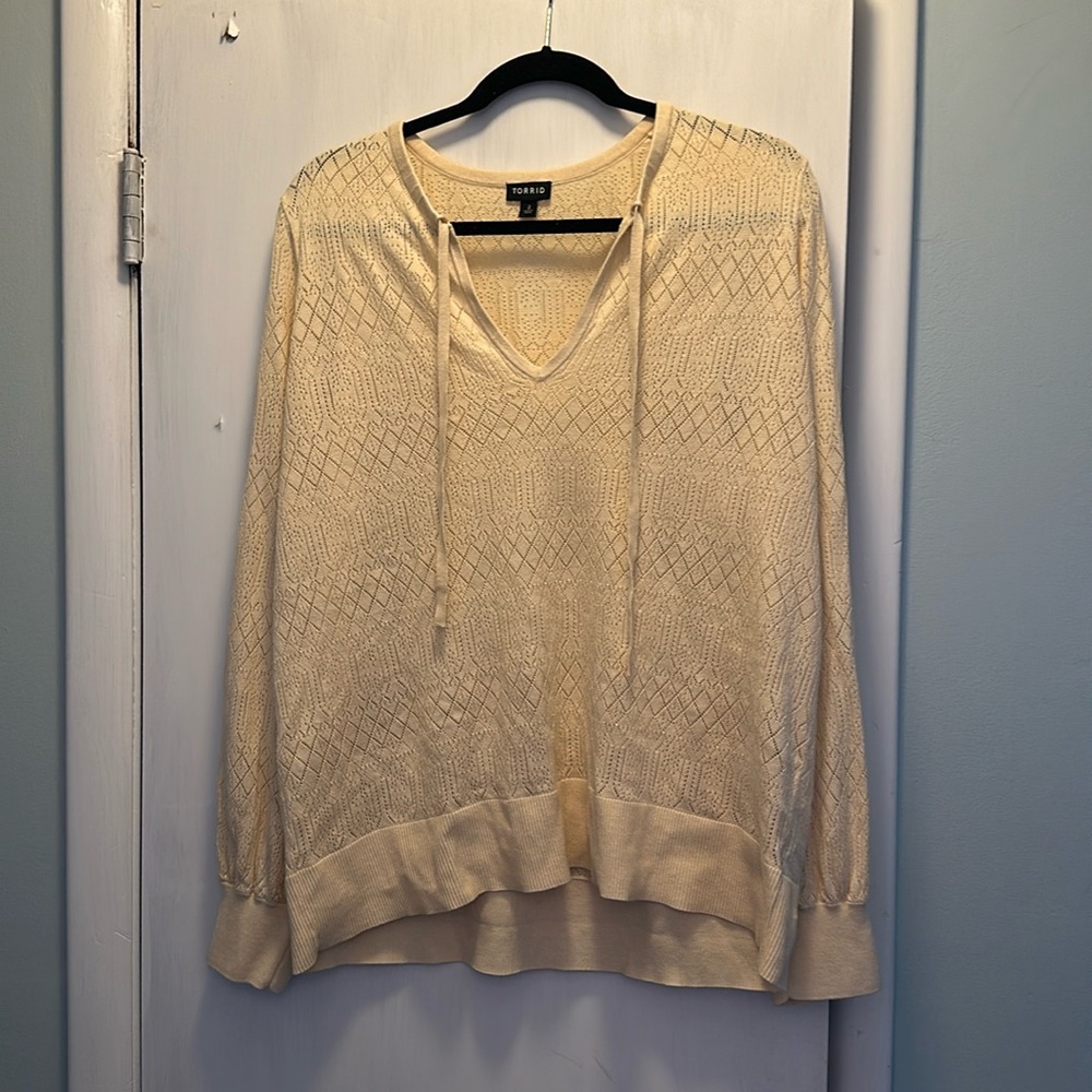 Torrid Beige Pointelle Pullover Tie Neck Sweater